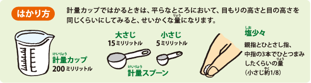 はかり方　計量カップではかるときは、平らなところにおいて、目もりの高さと目の高さを同じくらいにしてみると、せいかくな量になります。