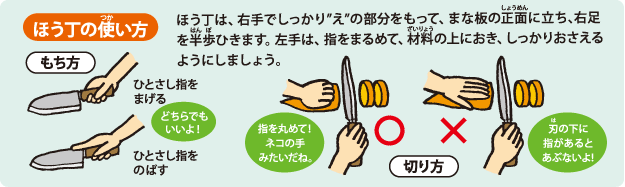 包丁の使い方　ほう丁は、右手でしっかり“え”の部分をもって、まな板の正面に立ち、右足を半歩ひらきます。左手は、指をまるめて、材料の上におき、しっかりおさえるようにしましょう。