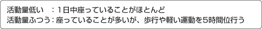 活動量低い：1日中座っていることがほとんど/活動量普通：座っていることが多いが、歩行や軽い運動を5時間位行う