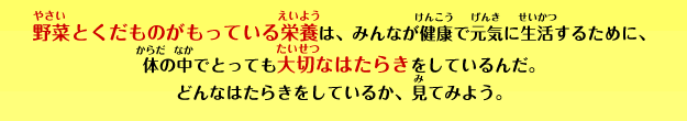 野菜とくだものがもっている栄養は、みんなが健康で元気に生活するために、体の中でとっても大切なはたらきをしているんだ。どんなはたらきをしているか、見てみよう。